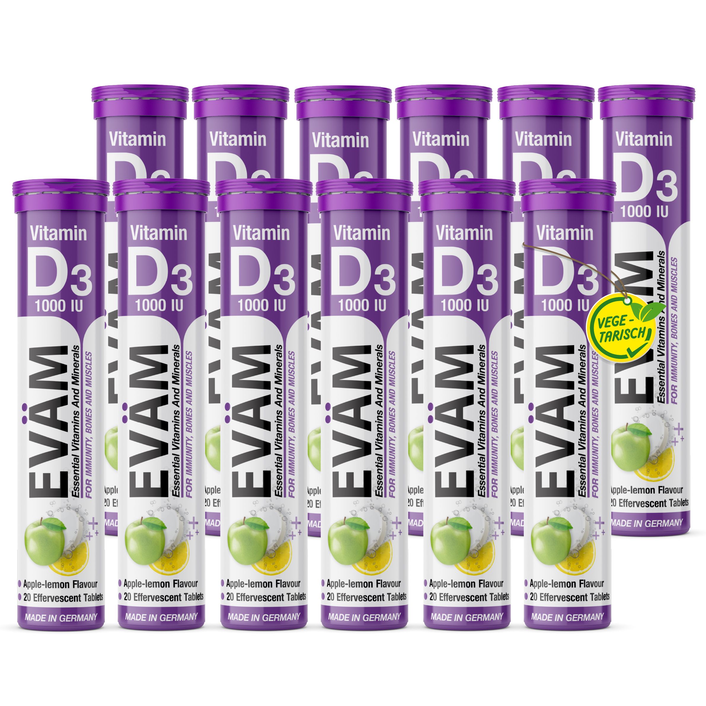 Mehrere Tuben EVÄM Vitamin D3 Brausetabletten. Label: 'Vege-tarisch'. Text: Apple-lemon flavour, 20 Effervescent Tablets. Made in Germany.