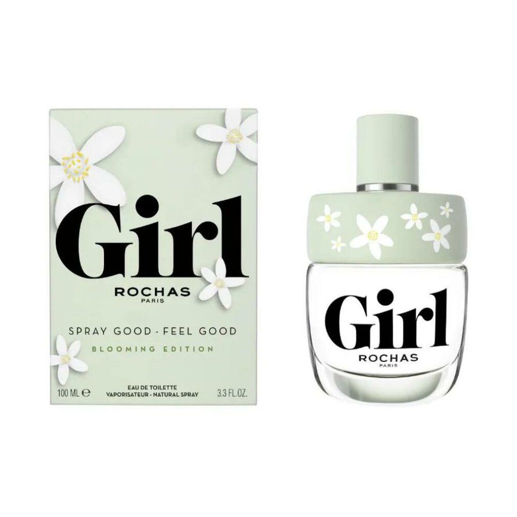 Hellgrüne Schachtel und Flakon. Aufschrift "Girl" und "Rochas Paris". Flakon mit Blumenmuster und "Eau de Toilette".