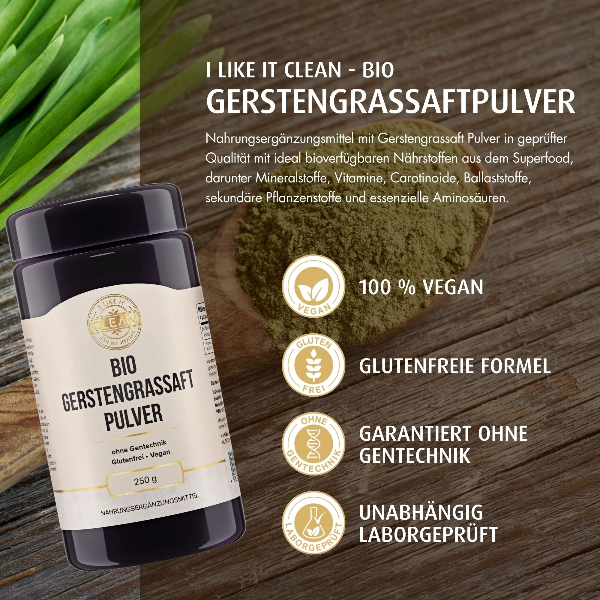 Dunkle Dose mit Aufschrift BIO Gerstengrassaft Pulver, 250g. Text: 100% vegan, glutenfreie Formel, garantiert ohne Gentechnik, laborgeprüft.