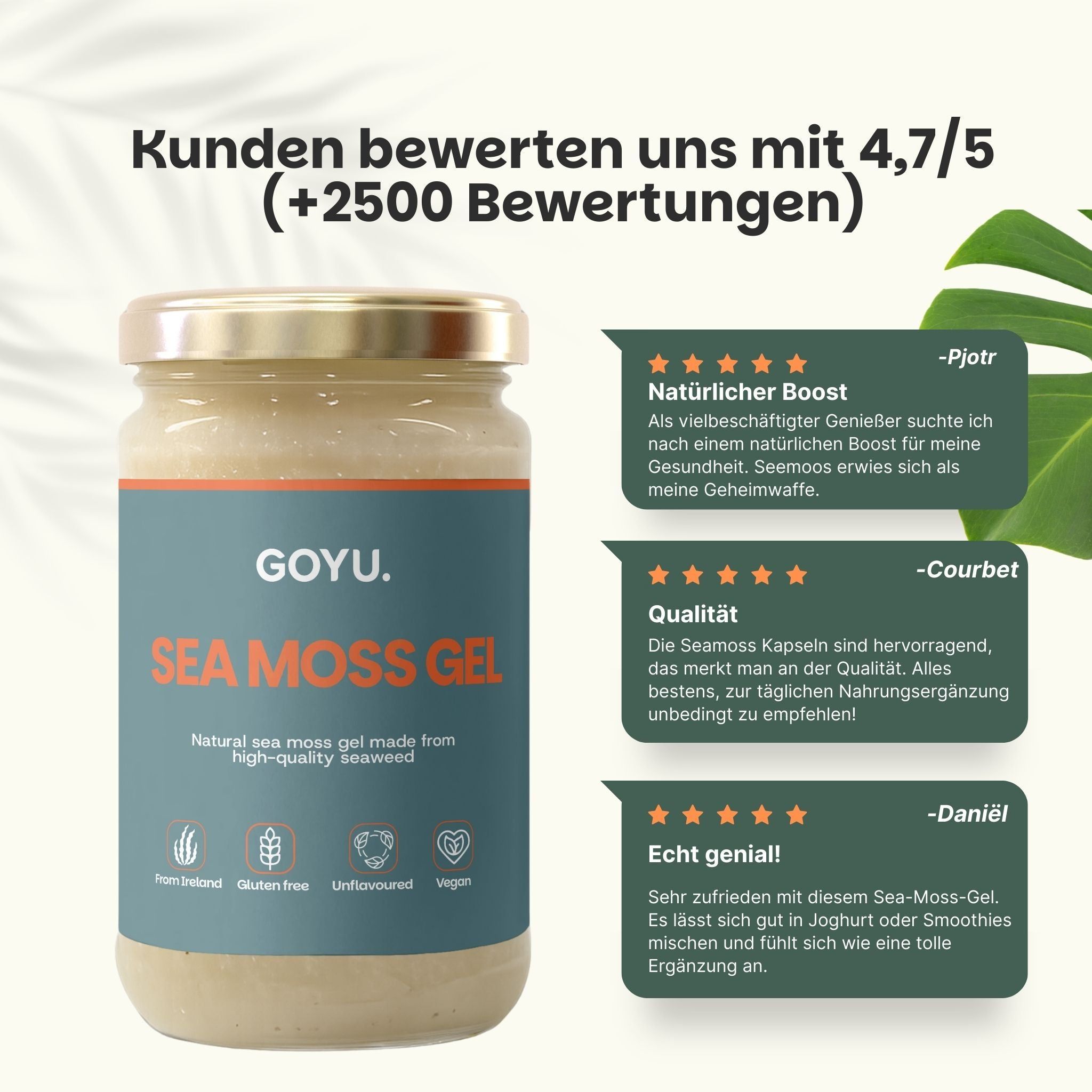 GOYU Sea Moss Gel in einem Glas mit goldenem Deckel, umgeben von Blättern. Kundenbewertungen werden angezeigt.