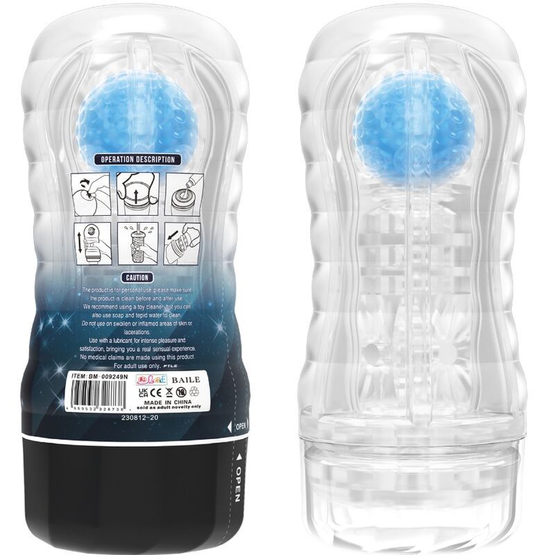 Transparentes Gehäuse mit blauem Ball. Beschriftung: Vacuum Cup Masturbator, Planet, Pretty Love. Rückseite mit Anweisungen.