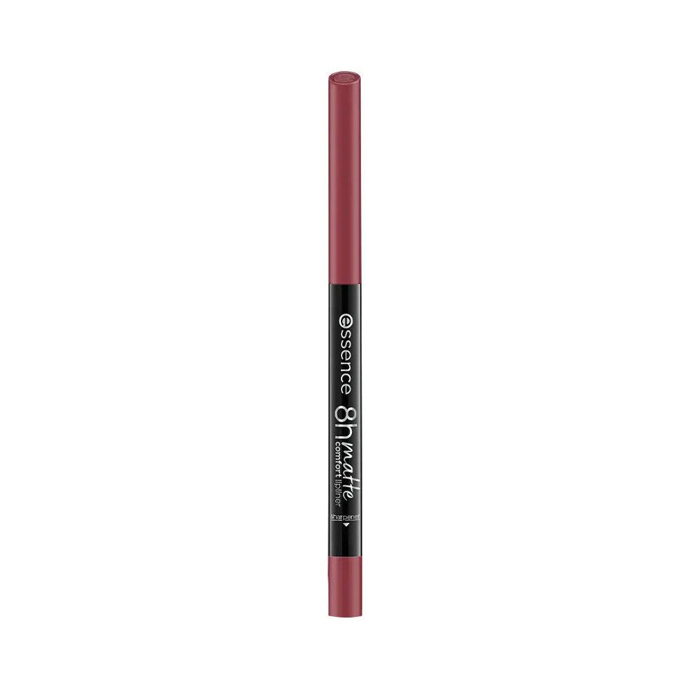 Lippenstiftstift mit schwarzem Gehäuse. Aufschrift: Essence, 8h matte comfort lipliner. Spitze und Stiftende in Rosa.