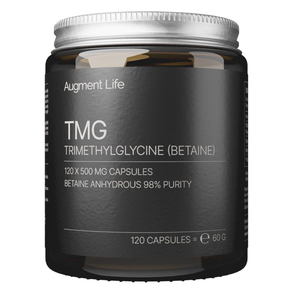 Dunkelgrauer Behälter mit silbernem Deckel. Enthält 120 Kapseln TMG (Trimethylglycin) à 500 mg, Betain wasserfrei 98% Reinheit.