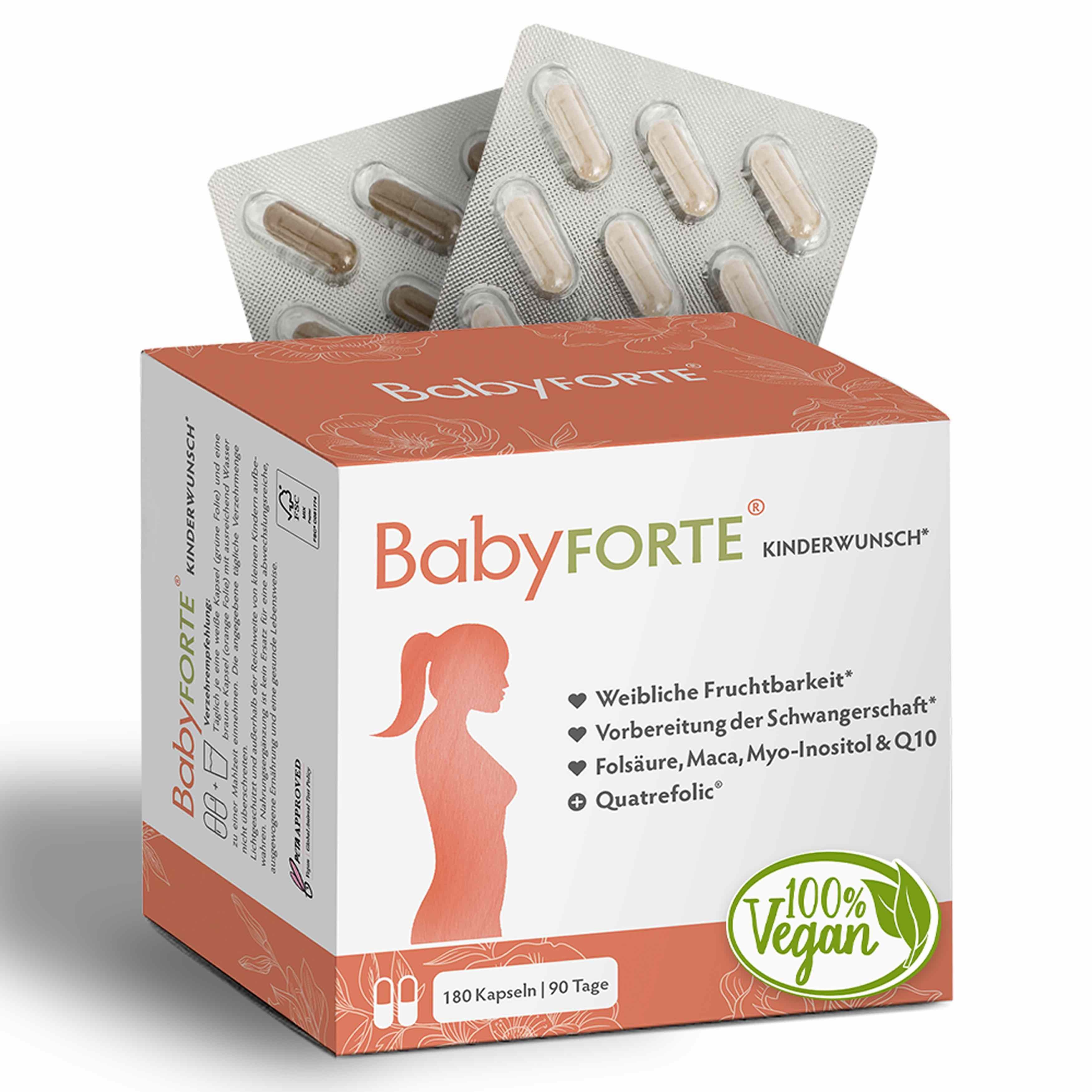BabyFORTE-Packung mit 180 Kapseln. Text: Weibliche Fruchtbarkeit, Vorbereitung der Schwangerschaft, Folsäure, Maca, Myo-Inositol & Q10, Quatrefolic.