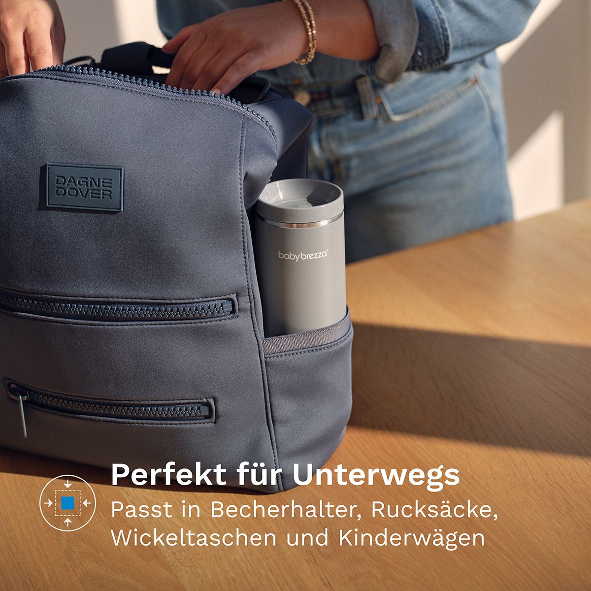 Zeichnung des Tragbaren Muttermilch- & Wasserwärmers mit Maßen: 21 cm Höhe, 7,6 cm Breite.