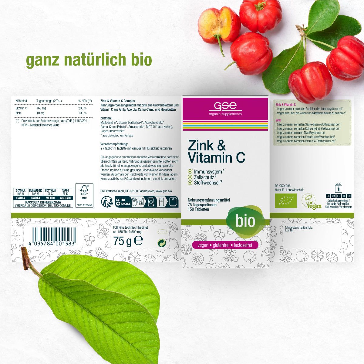 Geöffnete Faltschachtel mit Produktinformationen und Zink & Vitamin C. Bio-Siegel. Acerola-Früchte und Blätter daneben.