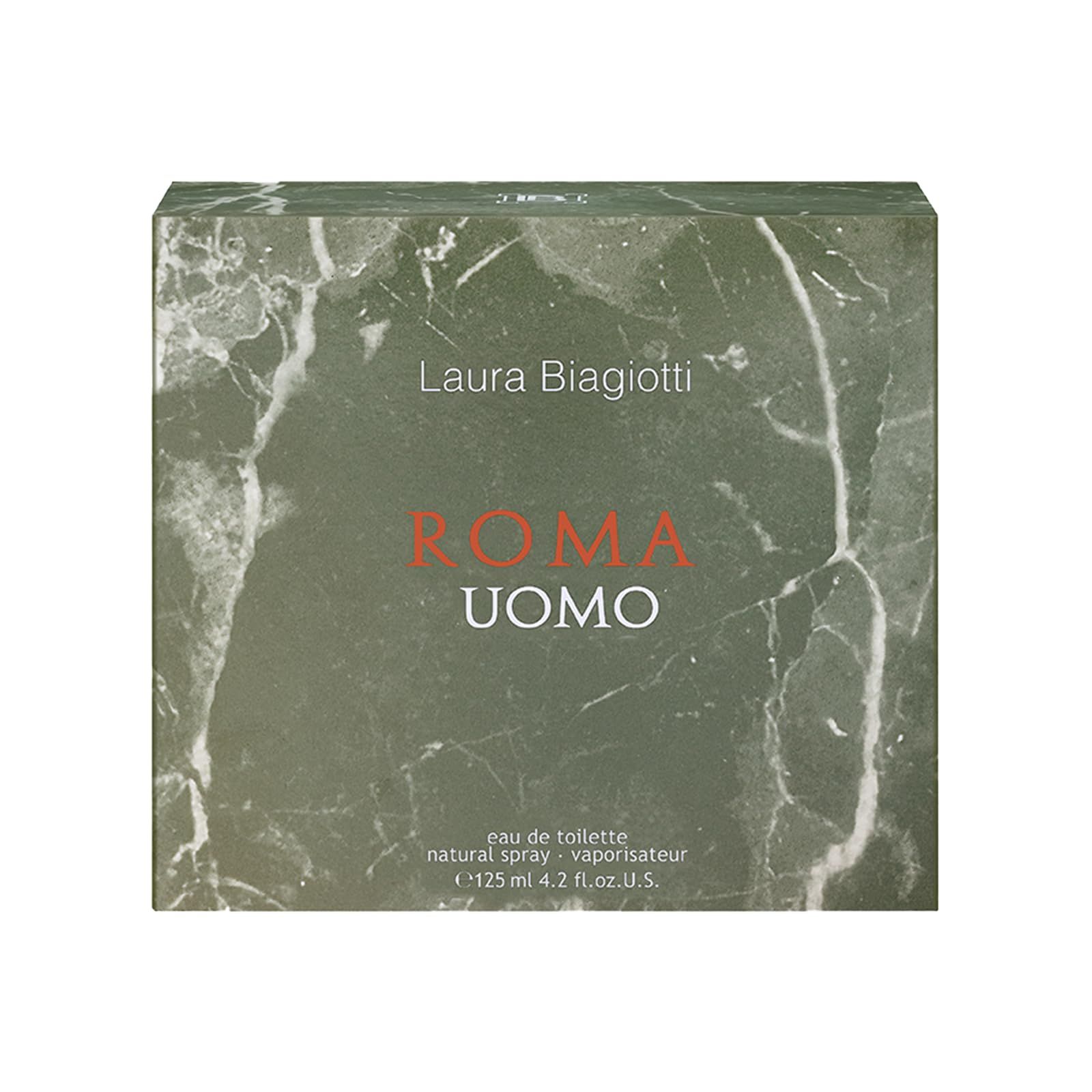 Verpackung von Laura Biagiotti ROMA UOMO. Marmor-Optik. Text: Eau de toilette, 125 ml, natural spray.