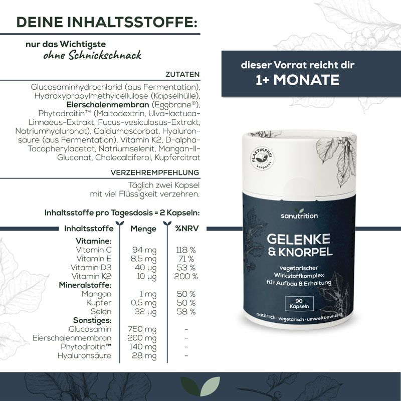 Produktabbildung mit Dose Sanutrition Gelenke & Knorpel. Text: 1+ MONAT. Inhaltsstoffe: Glucosaminhydrochlorid, Hypro. Methylcellulose, Eierschalenmembran.