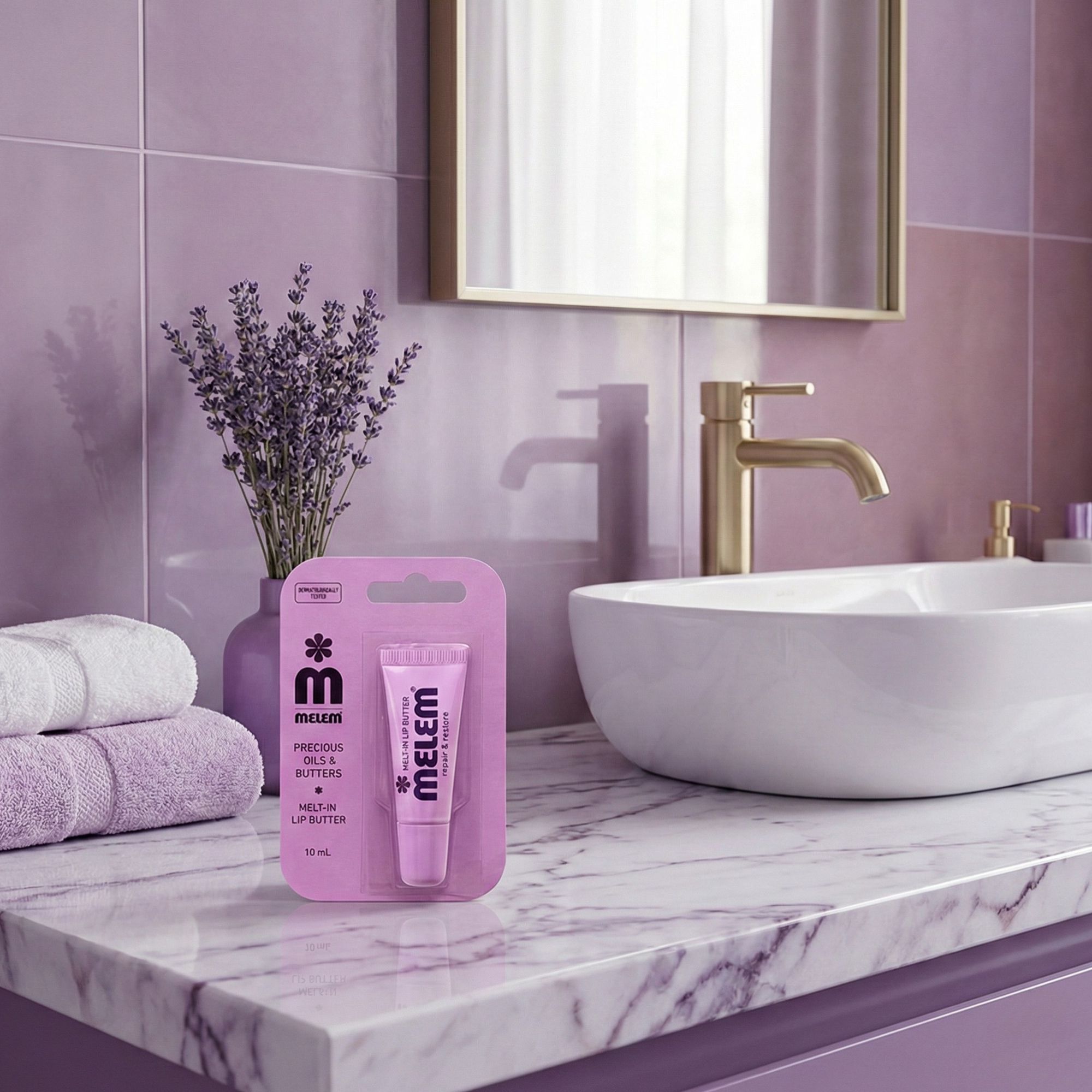 Produktverpackung im Badezimmer. Aufschrift "Melem", "Precious Oils & Butters", "Melt-In Lip Butter". Lavendel.