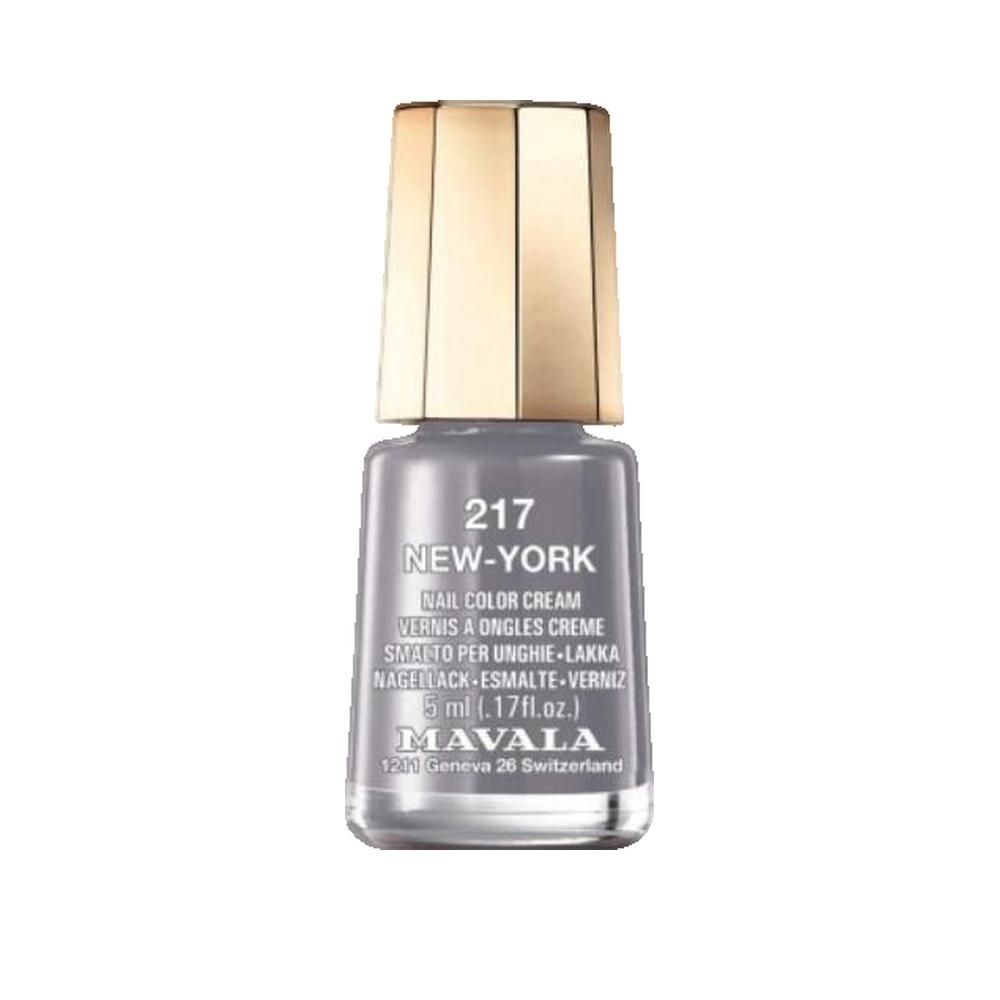 Nagellackflasche mit grauem Lack. Goldfarbener Deckel. Aufschrift: 217 New-York, Nail Color Cream, 5 ml, Mavala.