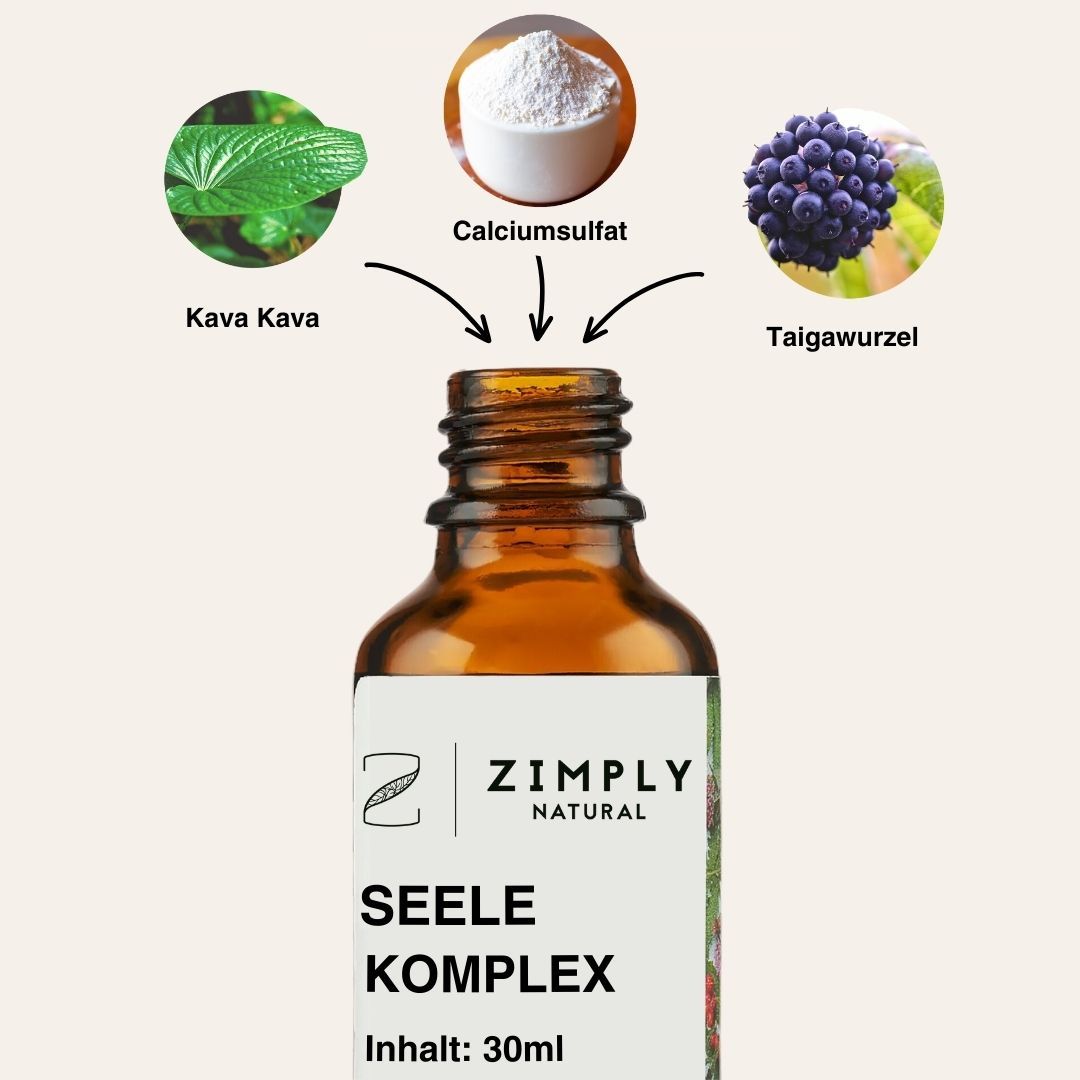 Braune Glasflasche mit weißem Sprühkopf. Illustrationen von Kava Kava, Calciumsulfat und Taigawurzel. ZIMPLY NATURAL Logo und Produktname.