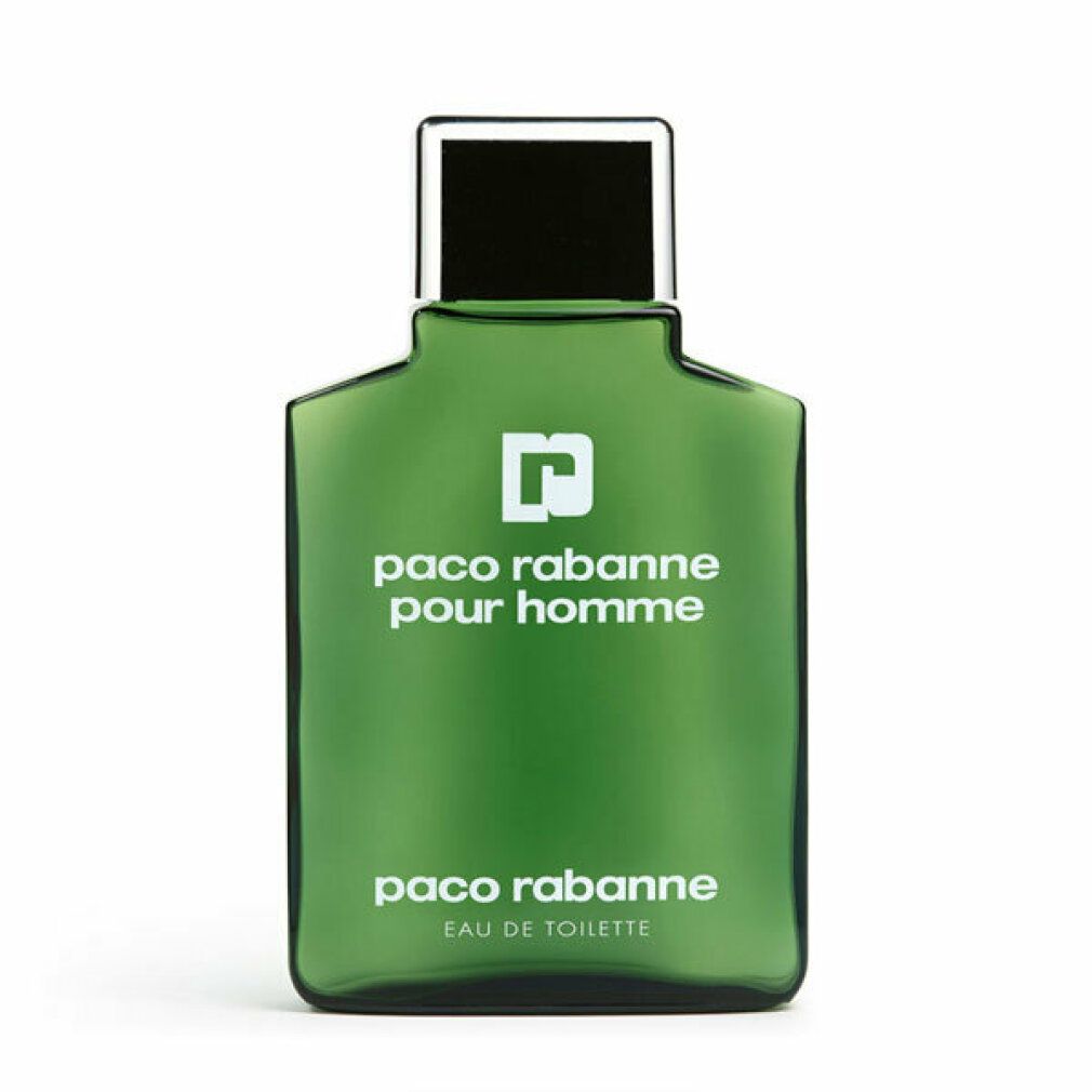 Grünes Paco Rabanne Pour Homme Eau de Toilette. Weißer Schriftzug und Logo. Schwarzer Verschluss.