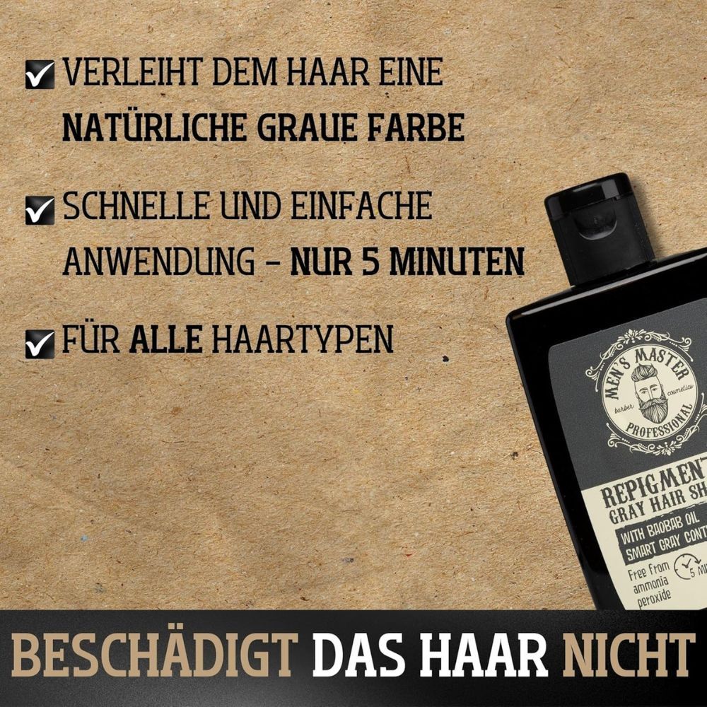 Produktflasche mit Text. Text: Verleiht dem Haar eine natürliche graue Farbe. Schnelle und einfache Anwendung - nur 5 Minuten. Für alle Haartypen.