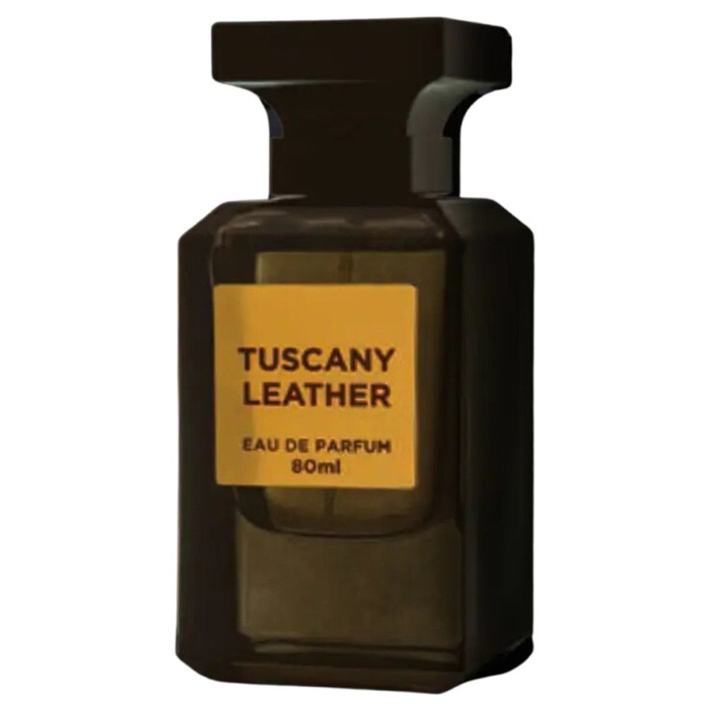 Dunkler Flakon mit gelbem Etikett. Aufschrift: Tuscany Leather Eau de Parfum, 80ml.