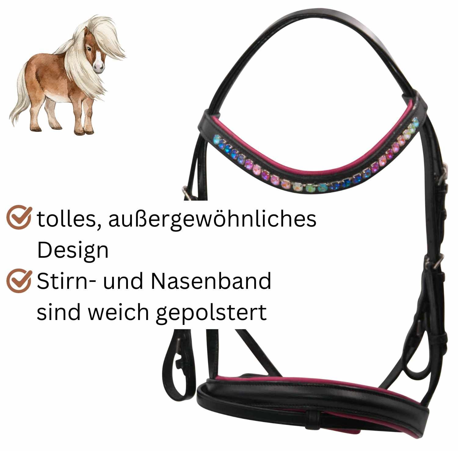 Trensenzaum mit Glitzersteinen am Stirnband, weich gepolstert. Abbildung eines Ponys.