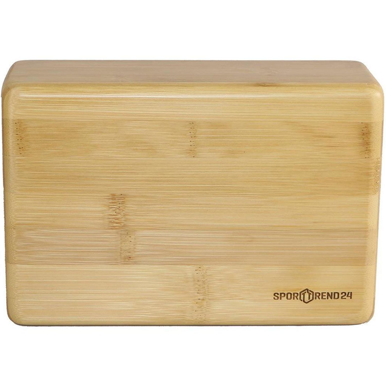 Rechteckiger Yoga-Block aus Bambus. Logo Sporttrend24 auf der Vorderseite.