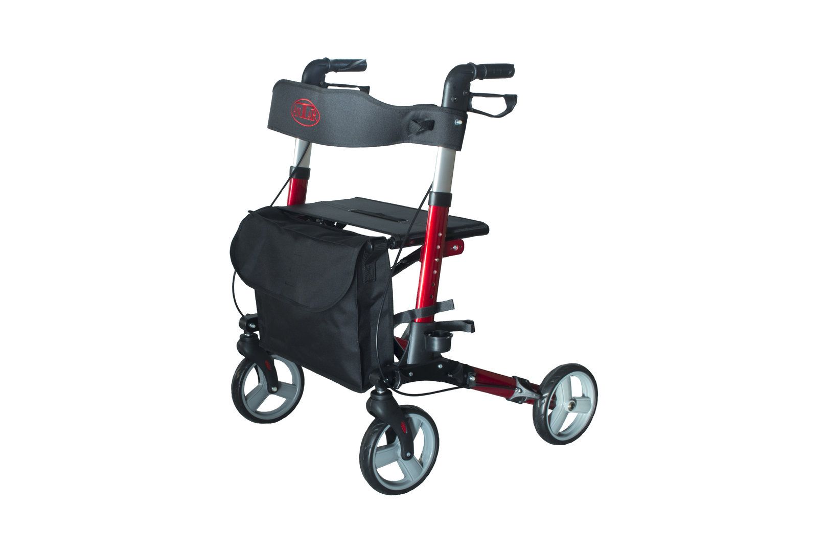 Rollator aus Aluminium, rot und schwarz. Mit Sitz, Rückenlehne, Einkaufstasche und vier Rädern. Griffe und Bremsen sichtbar.