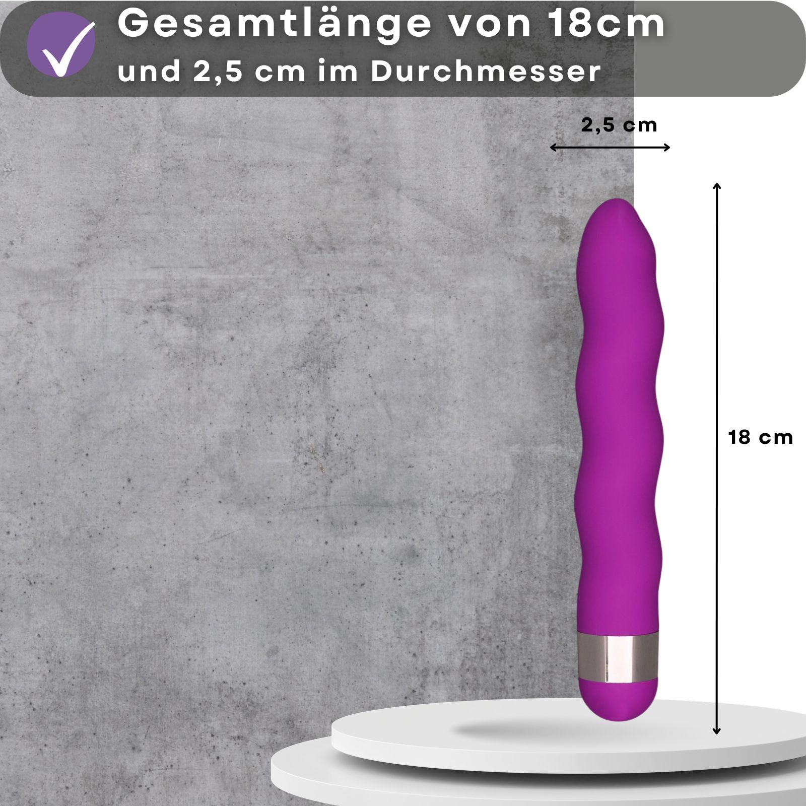 Lila Vibrator mit Wellenform. Länge 18 cm, Durchmesser 2,5 cm.