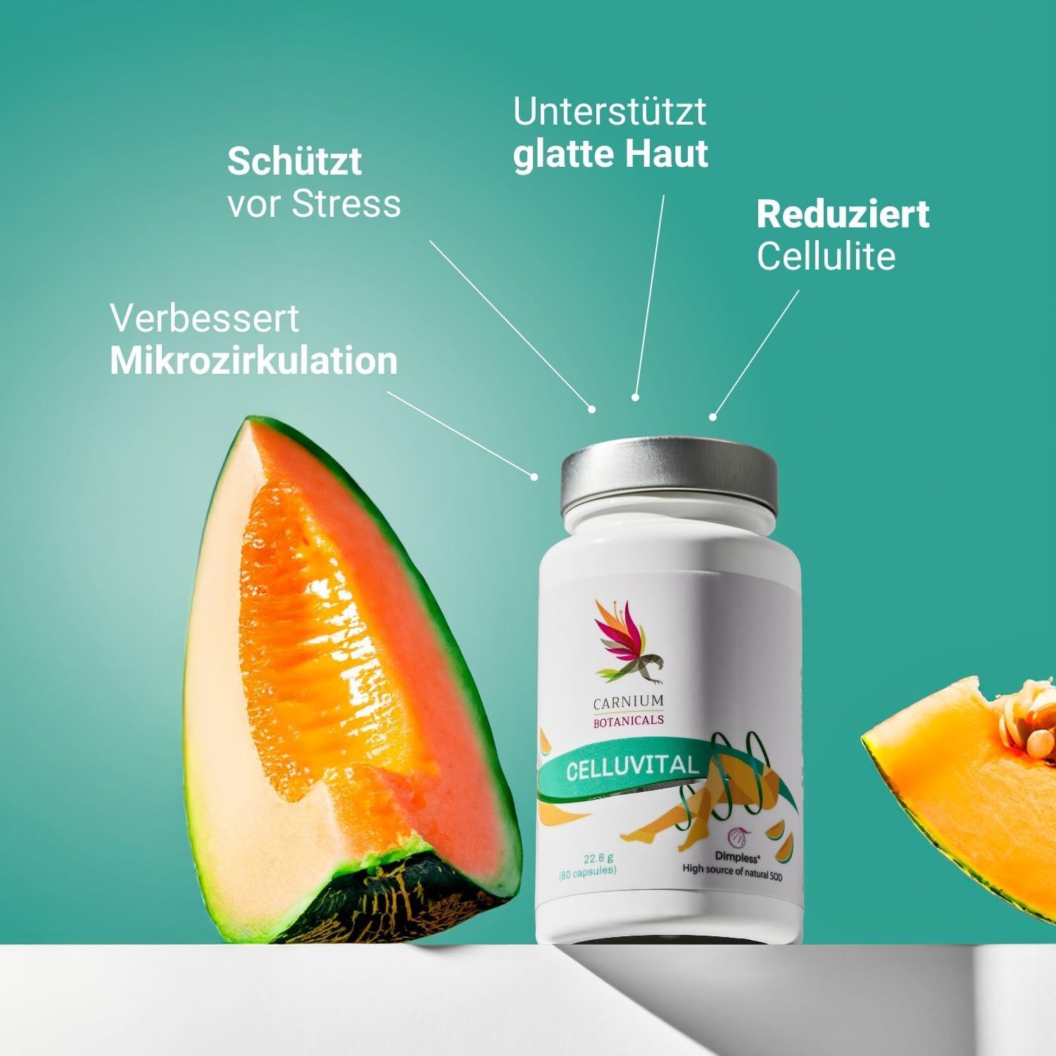 Flasche CELLUVITAL neben Melonenstücken. Text: Schützt vor Stress, unterstützt glatte Haut, reduziert Cellulite, verbessert Mikrozirkulation.