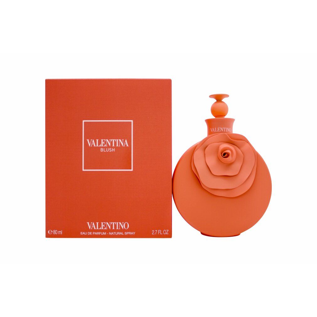 Valentino Valentina Blush Eau de Parfum Spray. Runde Flasche mit Rosendesign, daneben eine rechteckige Schachtel. Beide orangefarben.