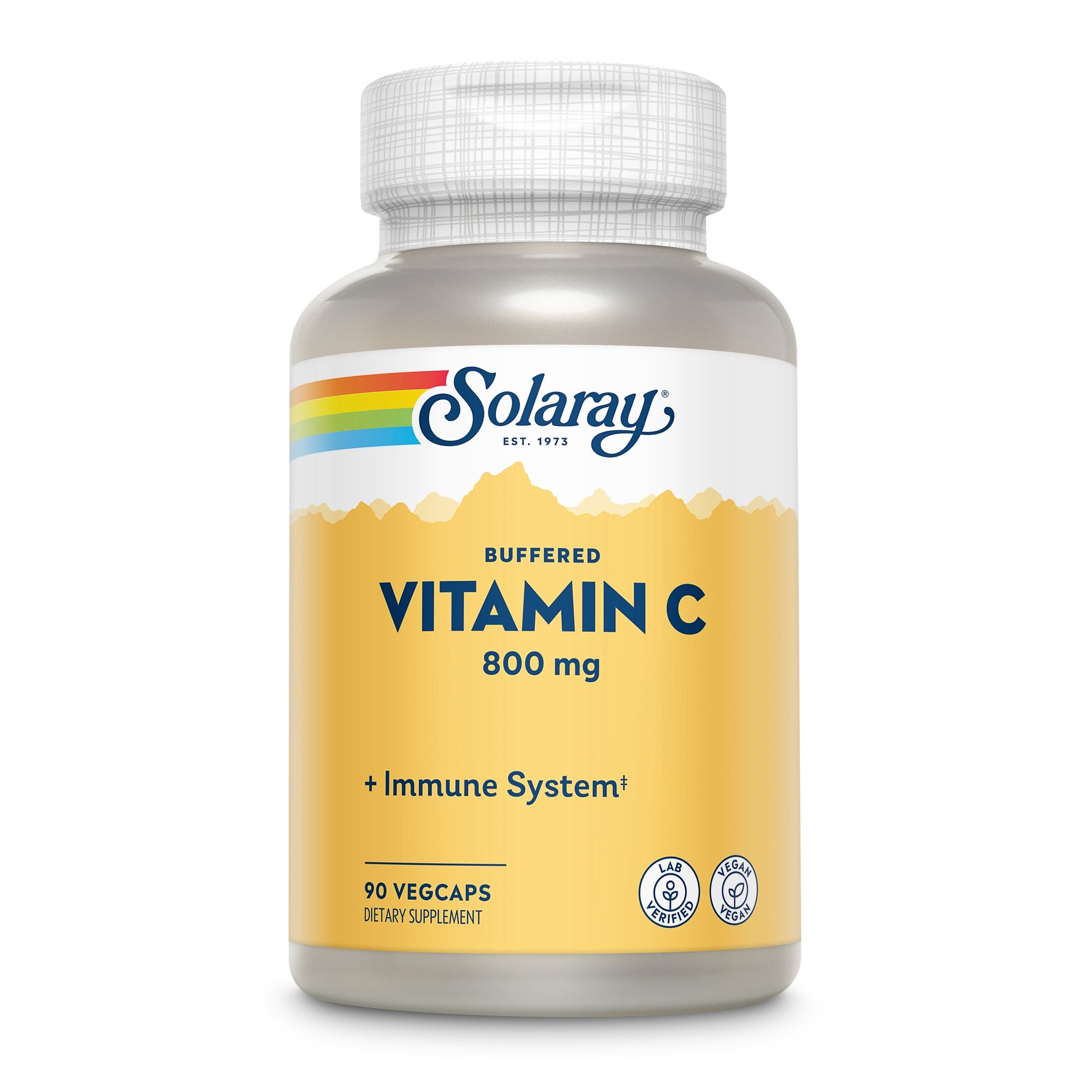 Solaray Vitamin C Flasche. Weißer Deckel, gelbes Etikett mit Text: Vitamin C 800 mg, + Immune System, 90 Vegicaps.