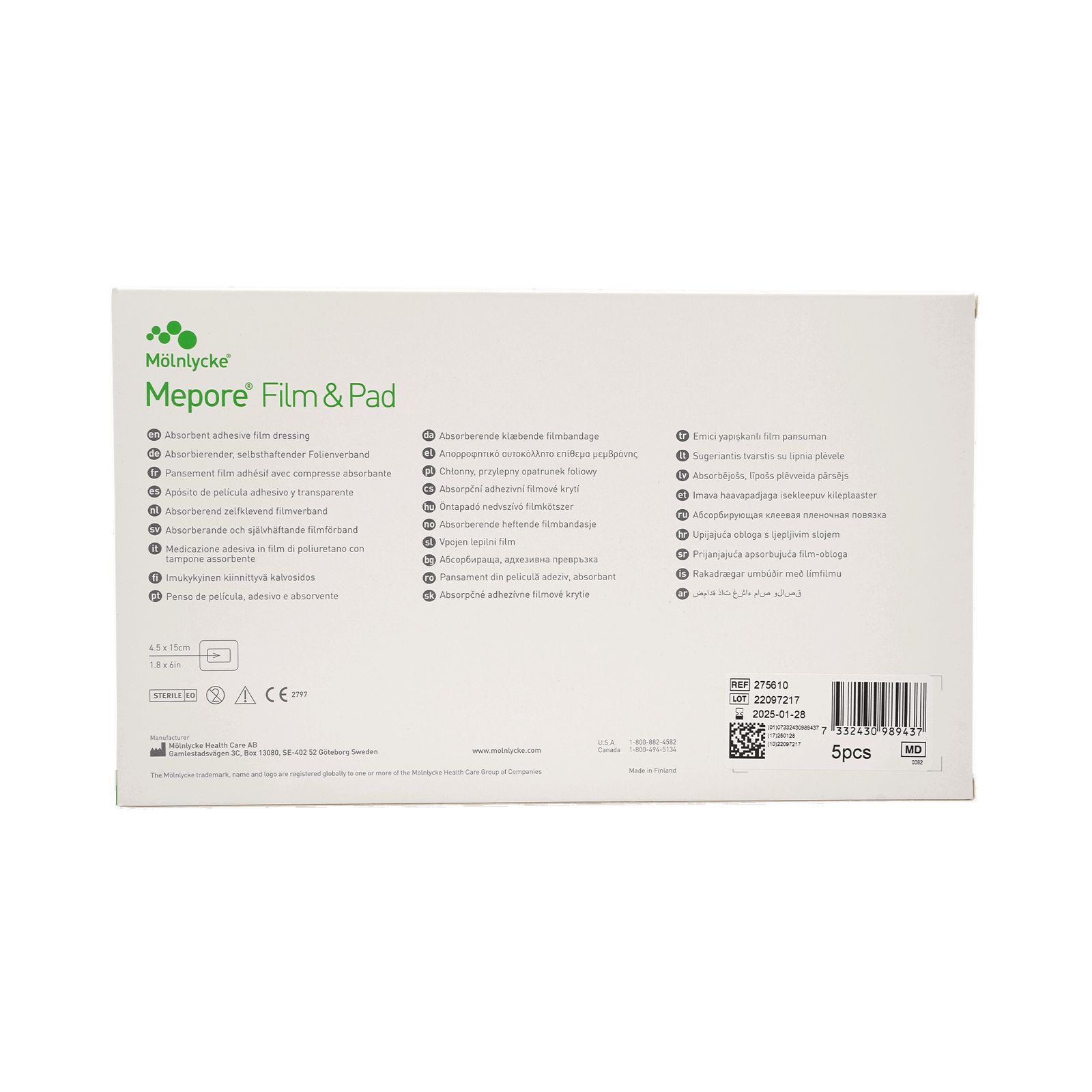 Rückseite der Mepore Film & Pad Verpackung. Produktname, Größenangaben und Informationen in mehreren Sprachen.