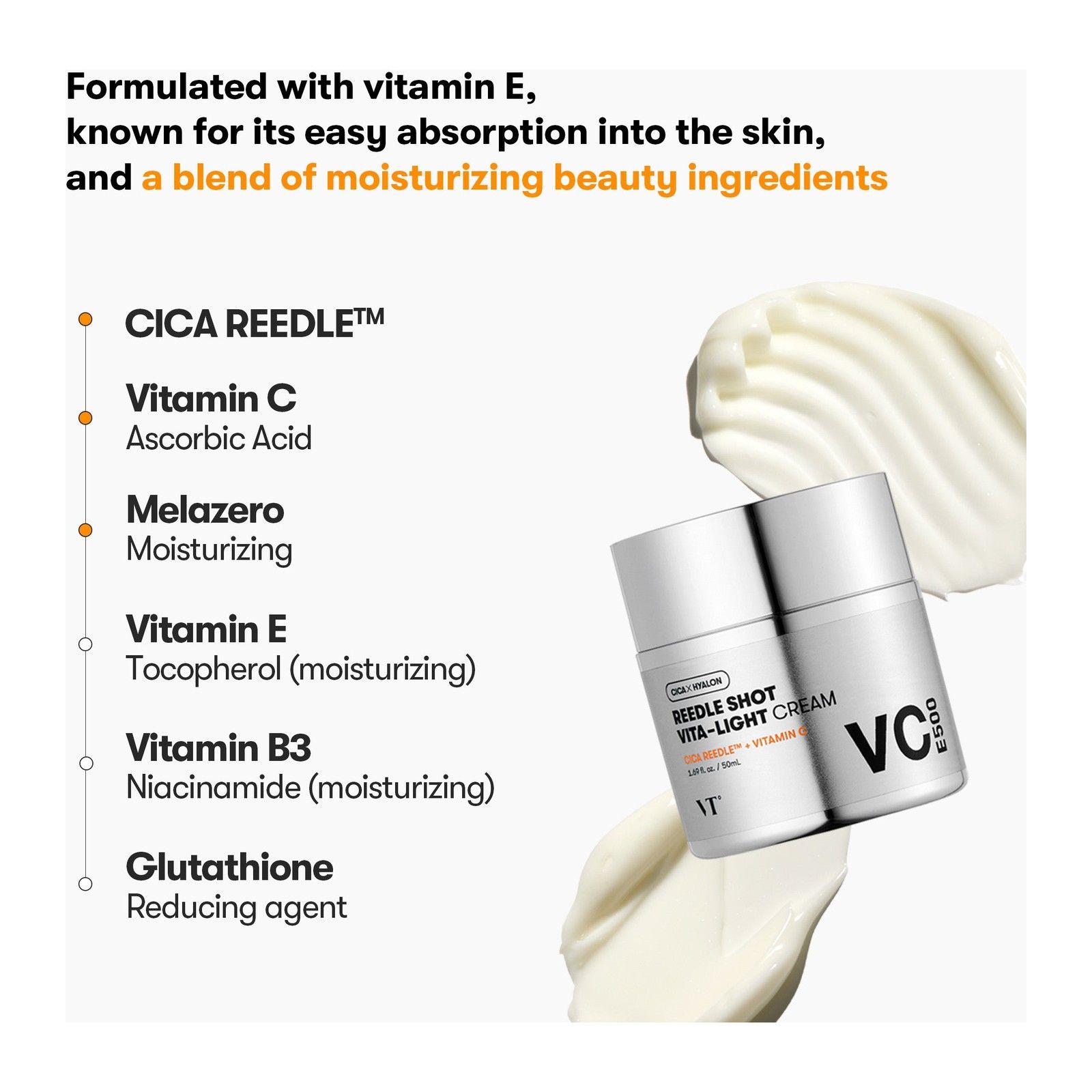 VT Cosmetics Reedle Shot Vita-Light Cream mit Liste der Inhaltsstoffe wie Cica Reedle, Vitamin C, E, B3.
