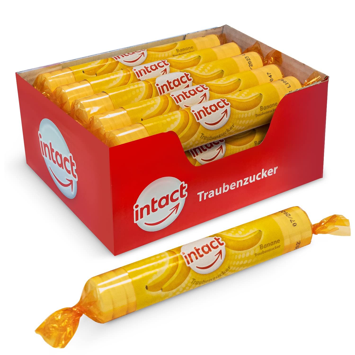 Eine rote Box mit mehreren Rollen Traubenzucker. Aufschrift: intact, Traubenzucker, Banane. Die Rollen sind gelb mit Bananen-Design.