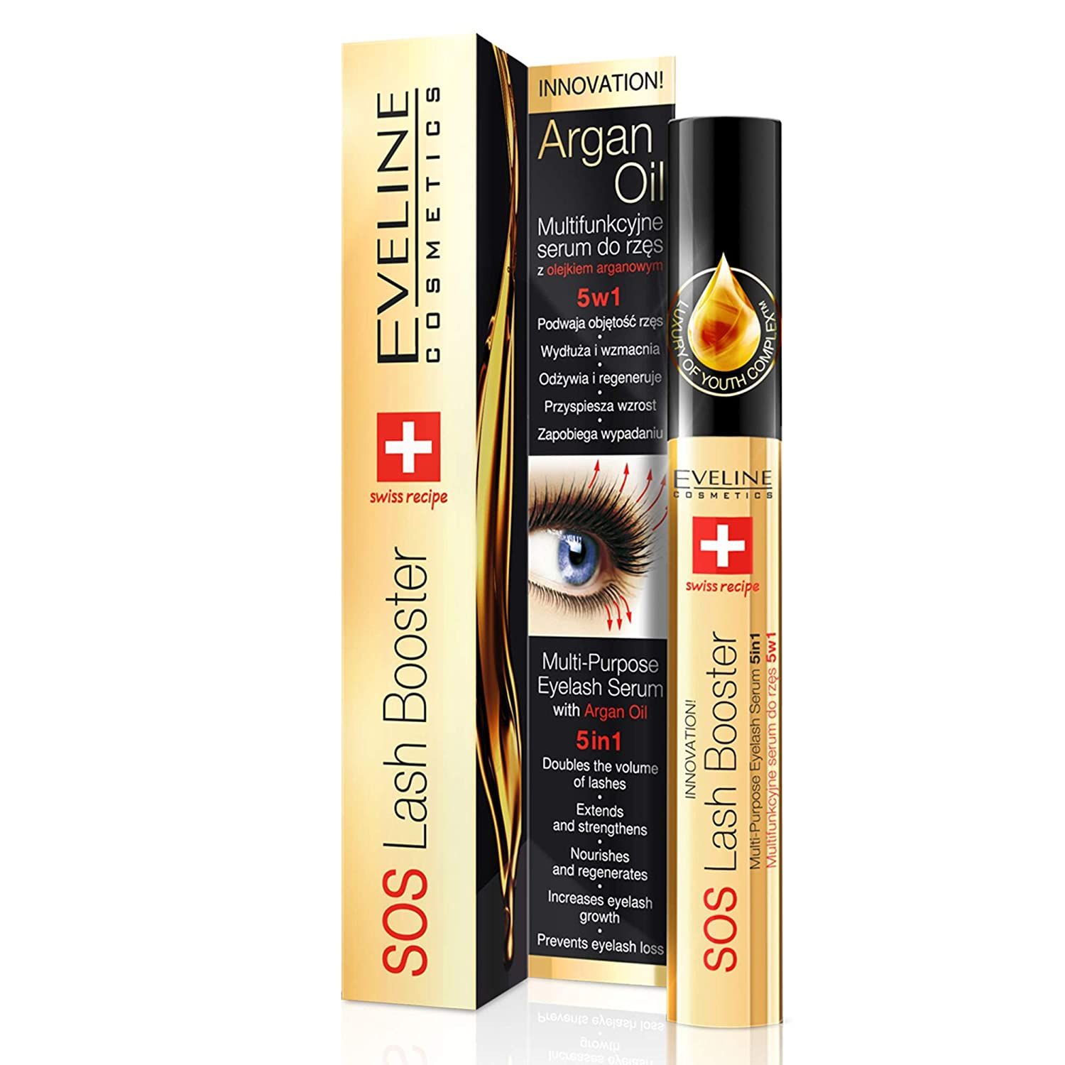 Eyeliner-Serum mit Verpackung. Goldfarbene Tube mit schwarzem Deckel. Aufschrift: Eveline Cosmetics SOS Lash Booster. Enthält Arganöl.