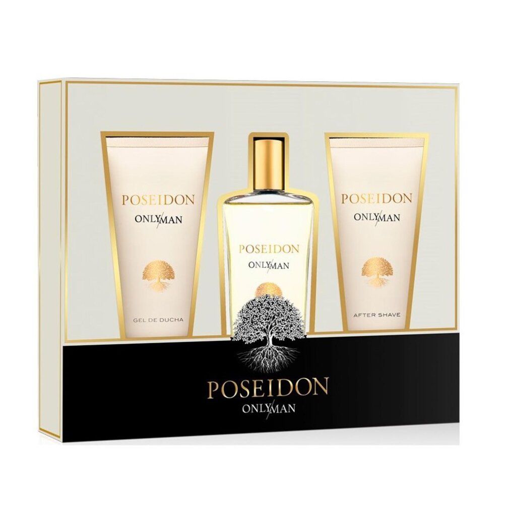 Geschenkset mit Parfüm, Duschgel und After Shave. Verpackung mit goldfarbenen Akzenten. Produktnamen: Poseidon Only Man.
