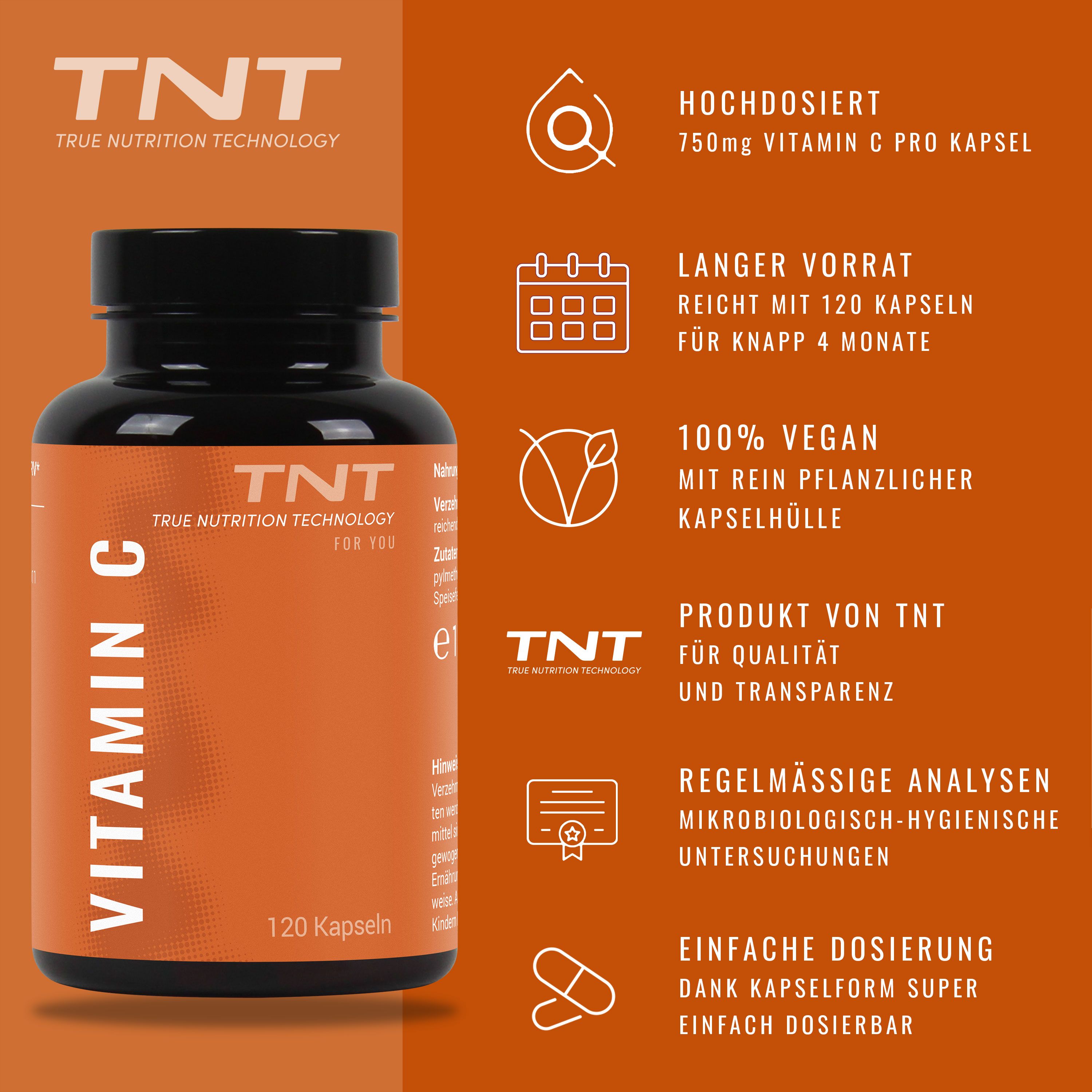 Braune Flasche mit Vitamin C Kapseln. Orangefarbenes Etikett mit Text. 120 Kapseln. Text und Icons.