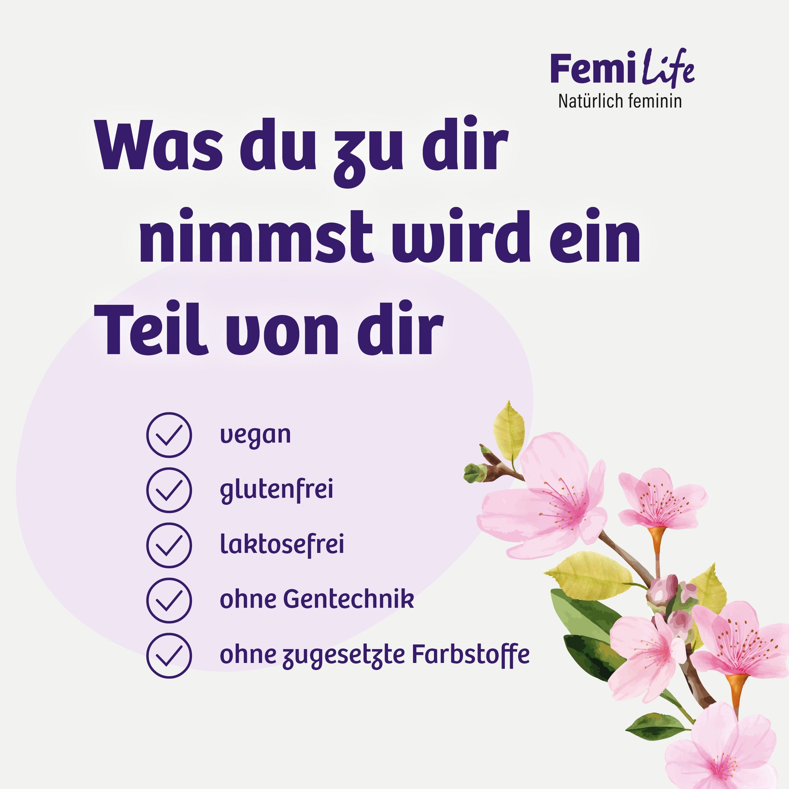 Produktmerkmale: vegan, glutenfrei, laktosefrei, ohne Gentechnik, ohne Farbstoffe, FemiLife.