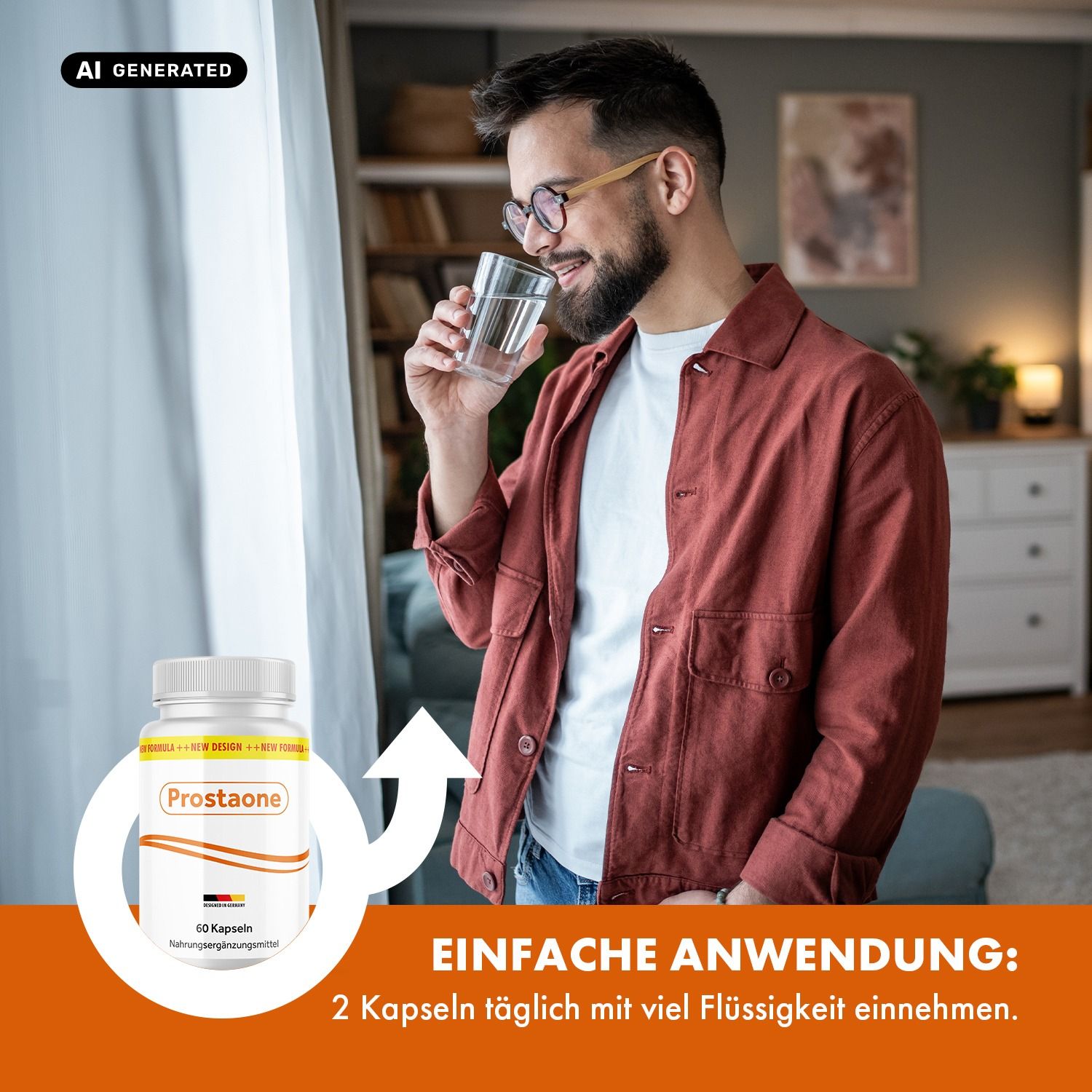 Mann trinkt Wasser neben einer Flasche Prostaoone Kapseln.