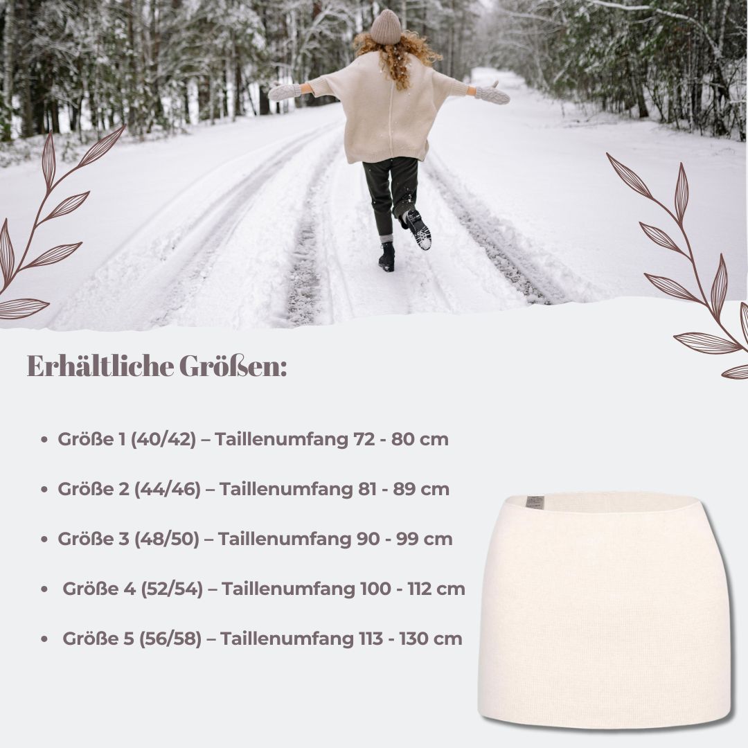 Elfenbeinfarbener Leibwärmer. Text: Erhältliche Größen, Größenangaben.