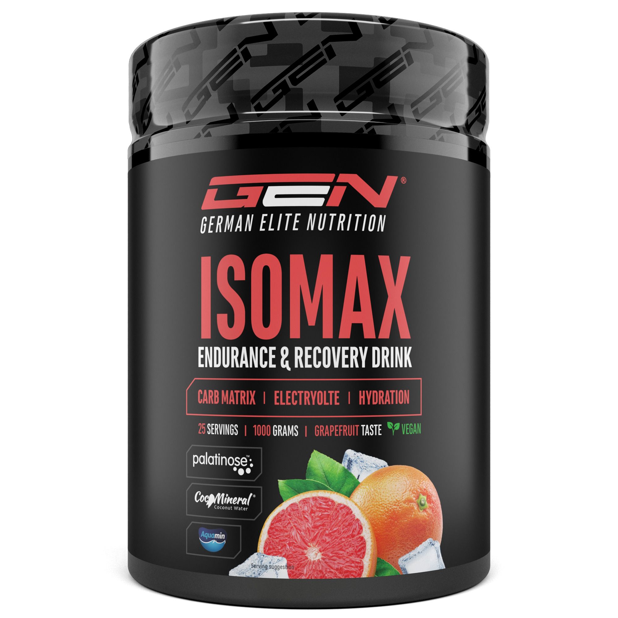 Schwarze Dose mit roter Aufschrift „ISOMAX Endurance & Recovery Drink“. Abgebildet sind Grapefruit und Eiswürfel.