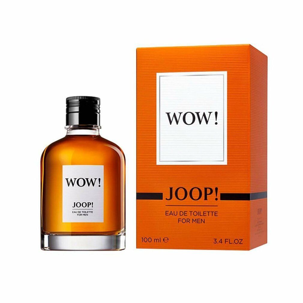 Joop Wow Eau de Toilette für Herren. Flakon und Verpackung. Orangefarbene Schachtel mit Schriftzug WOW! und JOOP! 100 ml.