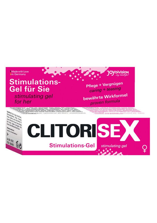 Verpackung mit Produktaufschrift CLITORISEX, Stimulations-Gel für Sie. Pinke Schrift auf weißem Grund.