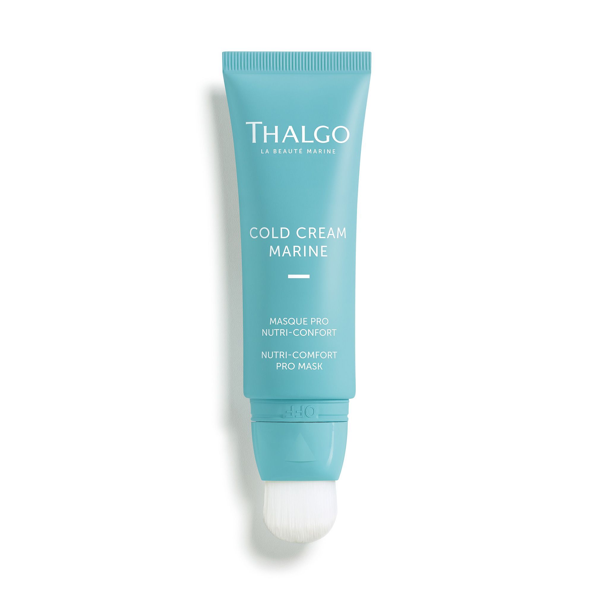 Türkisfarbene Tube mit Bürstenapplikator. Aufschrift: THALGO, Cold Cream Marine, Masque Pro Nutri-Confort, Nutri-Comfort Pro Mask.