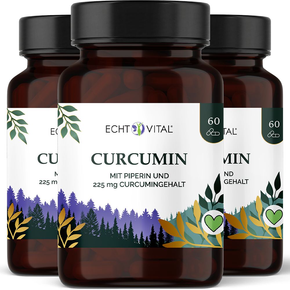 Drei Flaschen Echt Vital Curcumin mit 225 mg Curcumingehalt und Piperin.