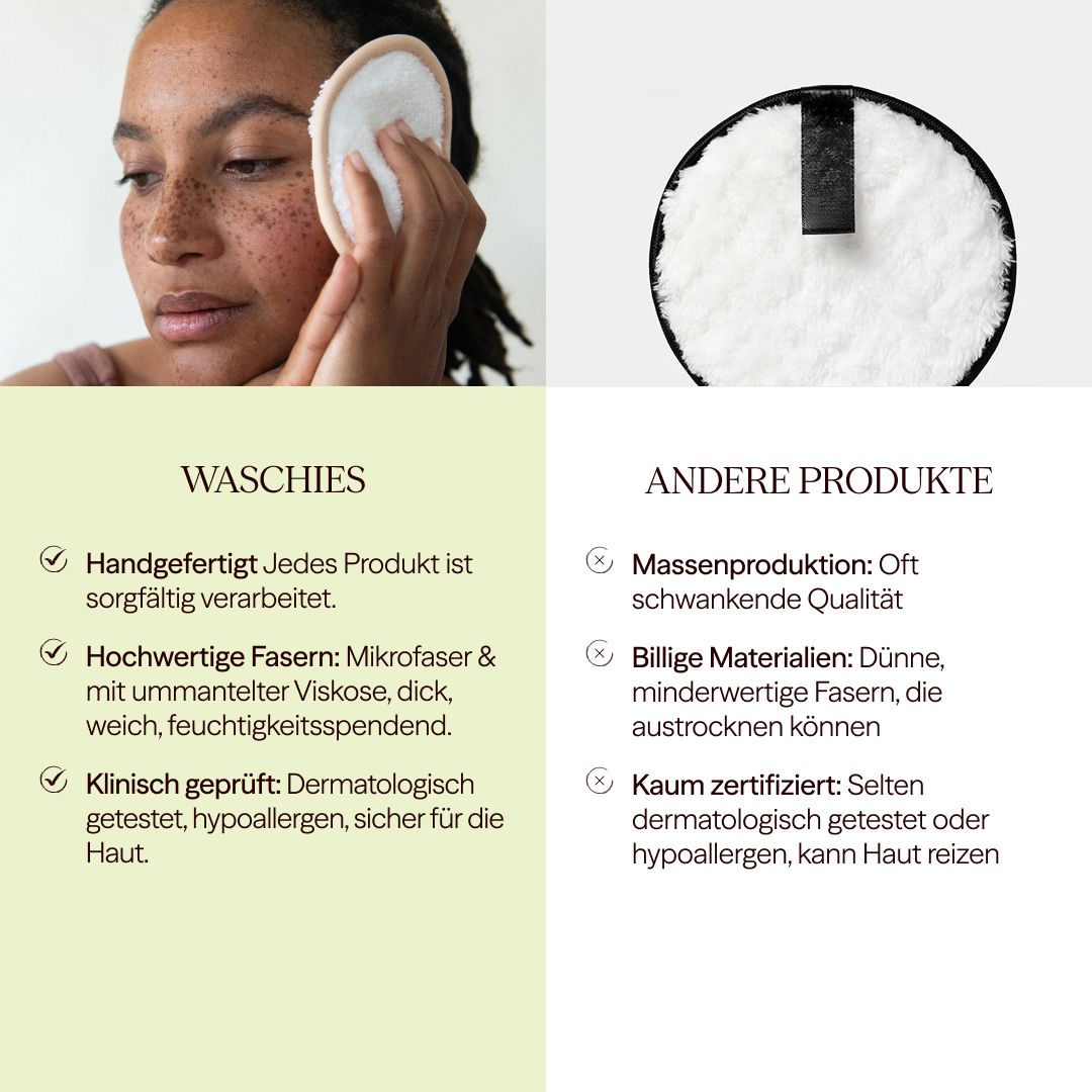 Vergleich: Waschies-Pads vs. andere Produkte. Waschies: Handgefertigt, hochwertige Fasern, dermatologisch getestet. Andere: Massenproduktion, minderwertige Materialien.
