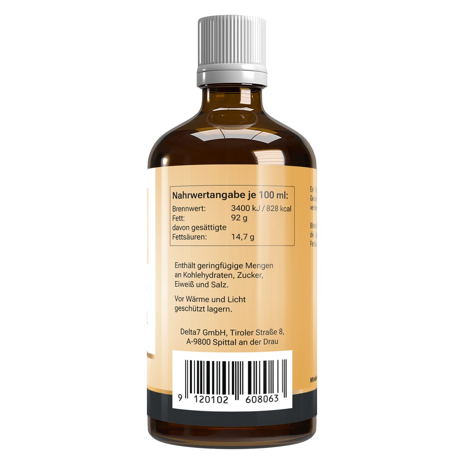 Rückseite der Sesamölflasche. Nährwertangaben pro 100 ml. Herstelleradresse und Barcode.