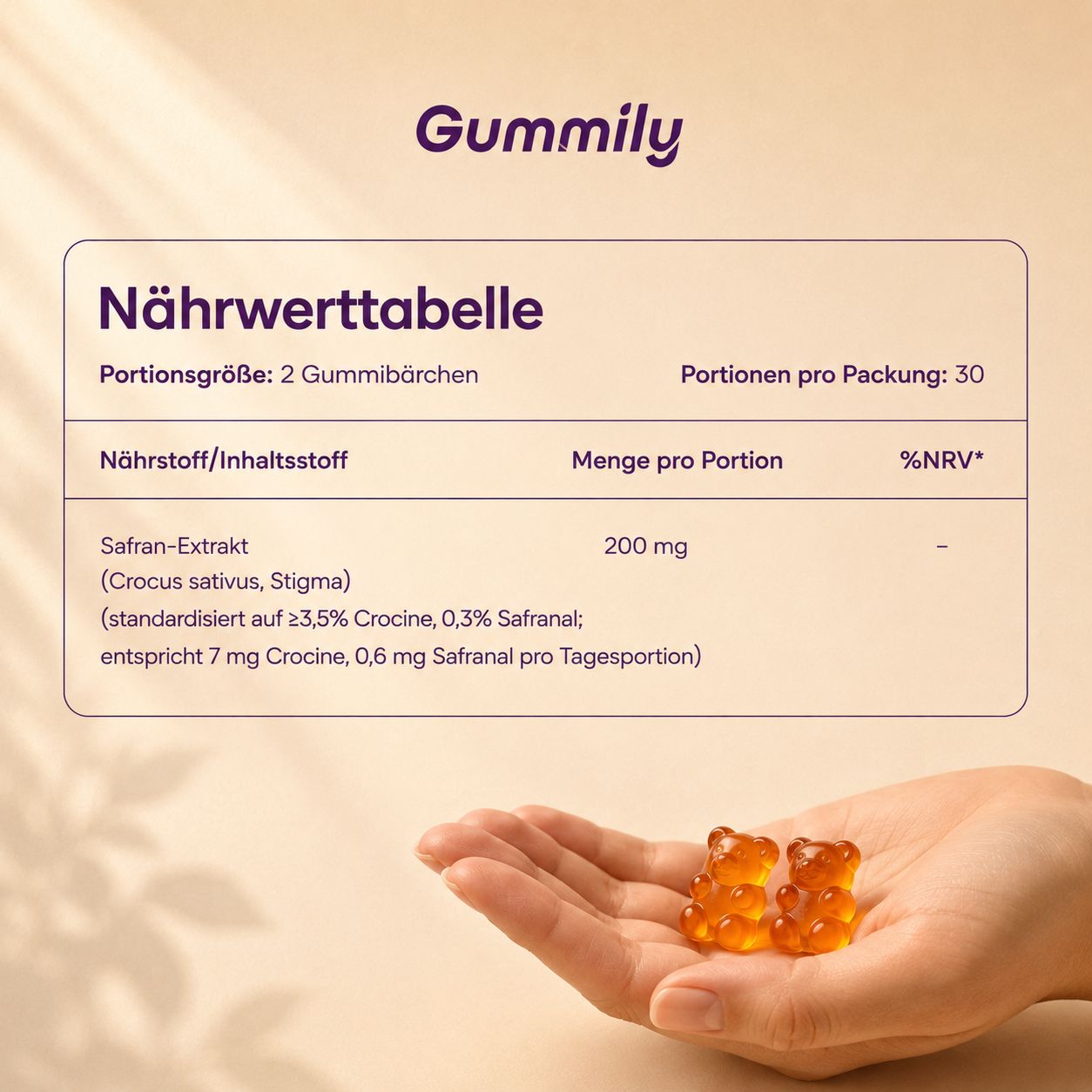 Nährwerttabelle für Gummily Safran Extrakt: 2 Gummibärchen pro Portion.
