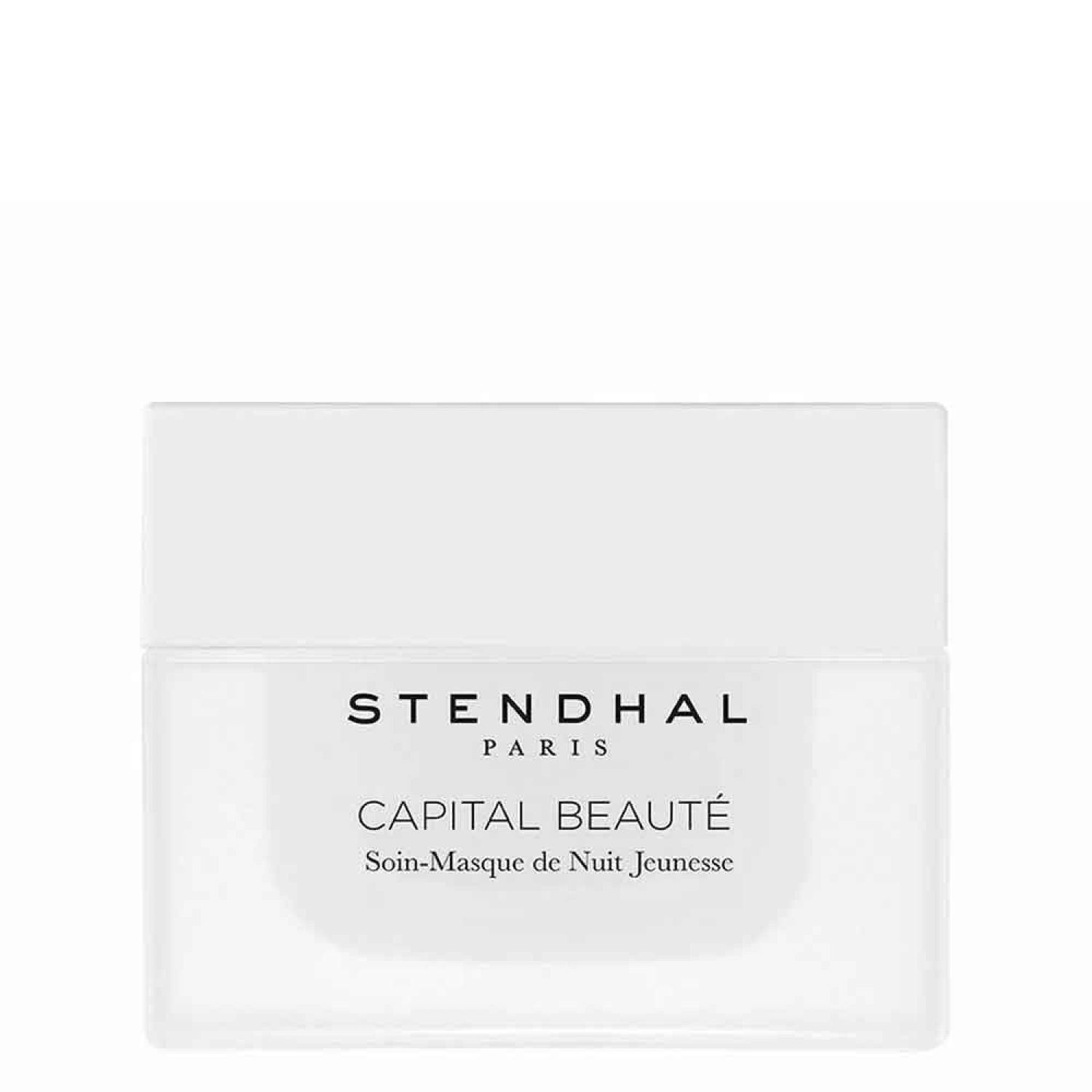 Weißer Tiegel mit Deckel. Aufschrift: STENDHAL PARIS, CAPITAL BEAUTÉ, Soin-Masque de Nuit Jeunesse.