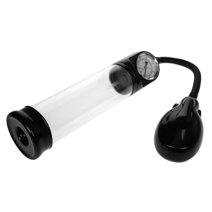 Zylinderförmiges Gerät mit schwarzem Griff, transparentem Zylinder und Manometer. Schwarzer Schlauch und Birne.