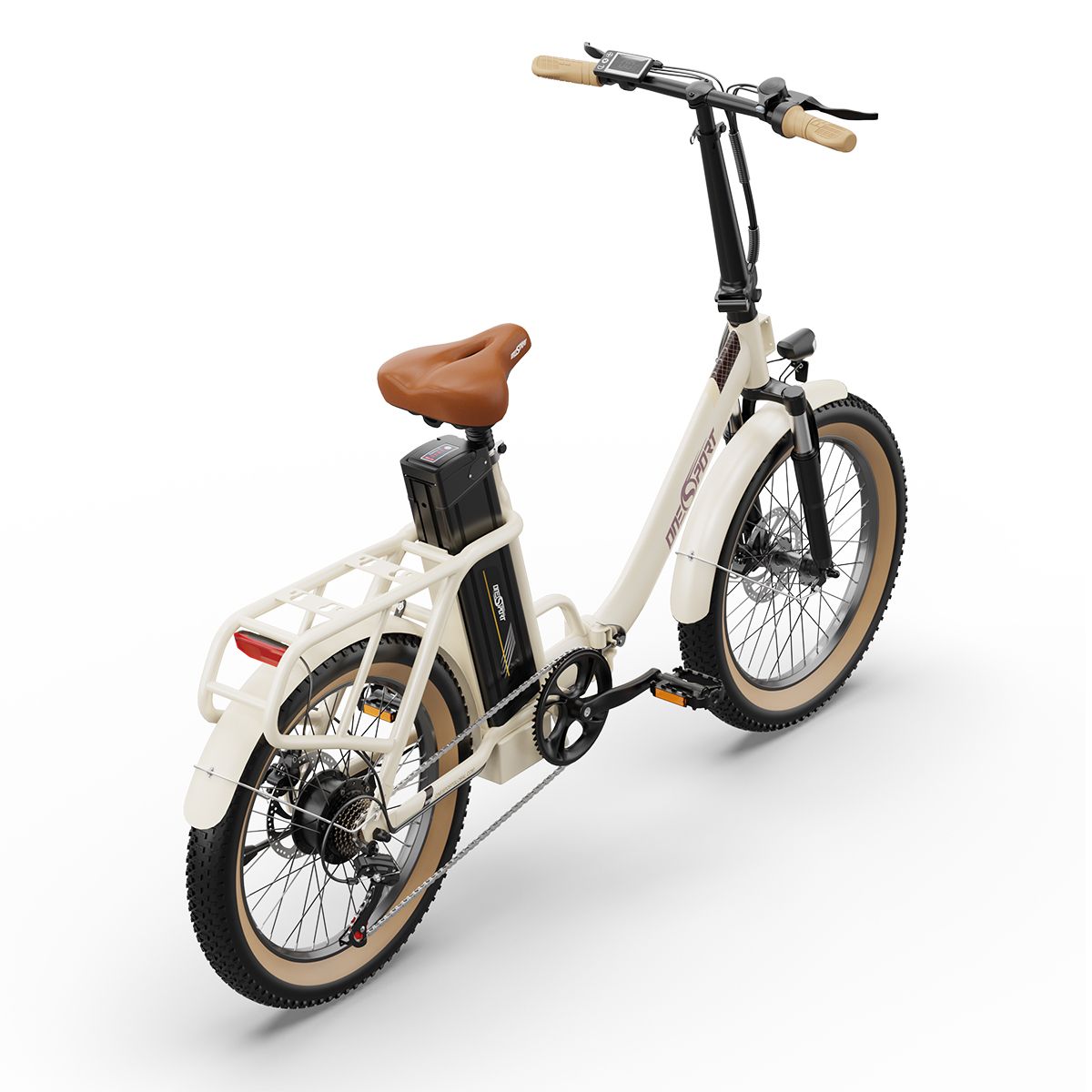 Elektrofahrrad, schräg von hinten. Beige Rahmen, brauner Sattel und Reifen. Schwarzer Motor und Gepäckträger.