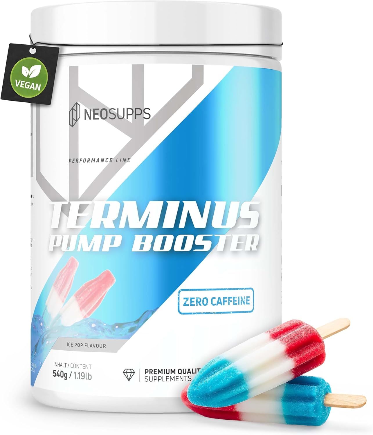 Dose TERMINUS PUMP BOOSTER. Text: ZERO CAFFEINE. Aufdruck: NEOSUPPS. Eis am Stiel-Grafik. Vegan-Siegel. 540g/1.19lb. Ice Pop Flavour.