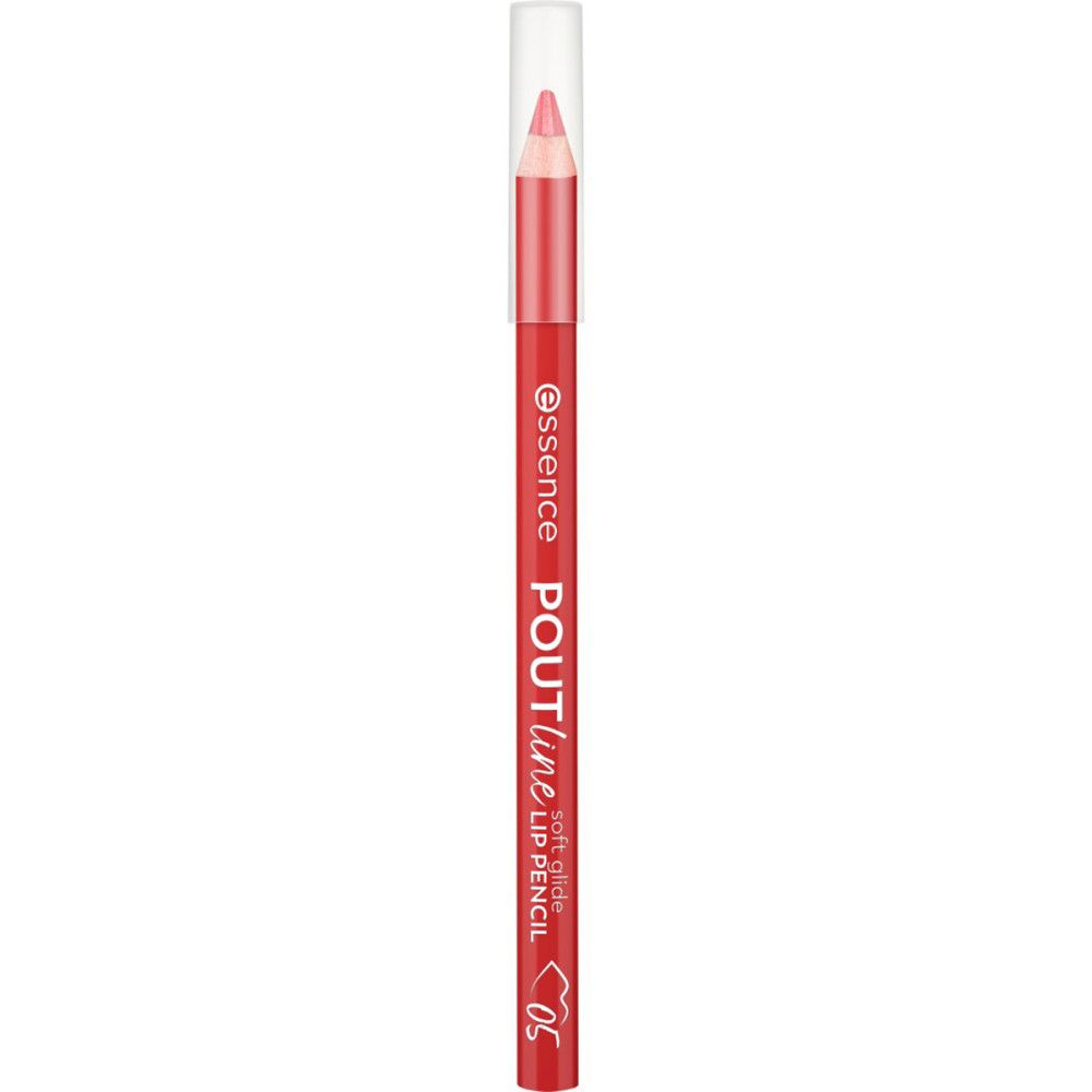 Roter Lipliner mit transparenter Kappe. Aufschrift: Essence Poutline Soft Glide Lip Pencil. Farbnummer 05.