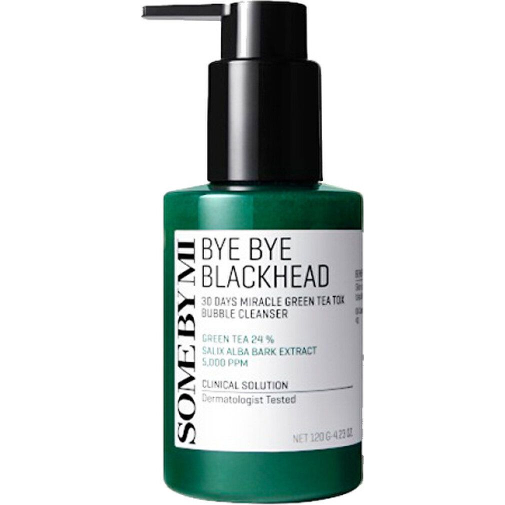 Grüne Flasche mit schwarzem Pumpkopf. Text: Bye Bye Blackhead, Green Tea 24%, Salix Alba Bark Extract. Marke: SOMEBYMI.