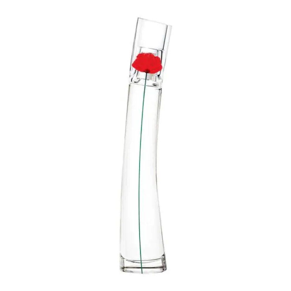 Parfümflasche mit roter Mohnblume. Transparente Flasche mit grüner Stiel- und Blüten-Nachbildung.