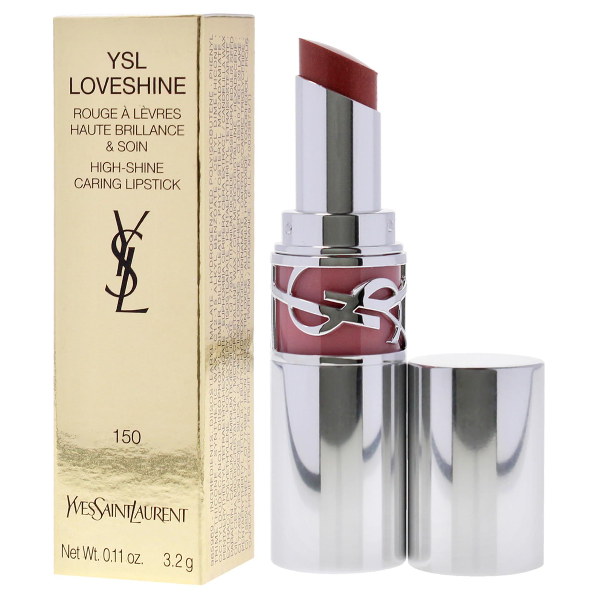Lippenstift mit silberfarbenem Gehäuse und roter Spitze. Daneben eine goldfarbene Verpackung mit Produktinformationen und Logo.